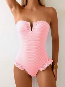 Swim Mod Bộ đồ bơi liền thân gợi cảm, xếp nếp, tối giản, màu xanh trắng kẻ sọc dành cho nữ, thích hợp cho kỳ nghỉ hè. - Hồng - Xem 3