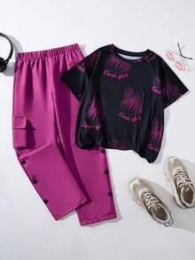 SHEIN Tween Girl Cool Printed T-Shirt & Fashionable 3D Work Pants, Dark Pink - Black - View 3