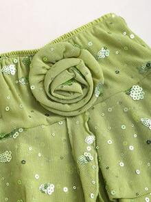 Sweetra Women's Summer New Elegant Fashion Sequins Ruffle Double-Layer Skirt With 3D Flower Ribbons, Casual Vacation Y2K Mini Green Skirt, Spring/Summer Double-Layer Ruffle Sequins A-Line Mini Skirt - Green - View 4