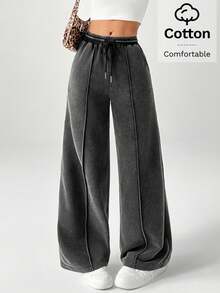 SHEIN PETITE Pantalones de chándal de pierna ancha con cordón para mujer con efecto desteñido - Negro - Ver 8
