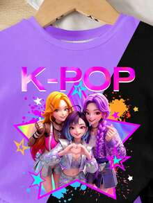 Bộ đồ thể thao thường ngày cho bé gái, họa tiết hoạt hình K-POP hình ngôi sao và trái tim, kiểu mực loang, phối màu tương phản, gồm áo thun ngắn tay cổ tròn và quần short cùng màu, thích hợp mặc hàng ngày và đi nghỉ mát. Bộ áo thun màu tím. - Nhiều màu - Xem 5