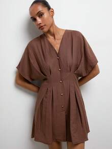 Maija Casual Women's Coffee Brown Mini Dress V Neck Batwing Sleeve Plicated Flared Hem Short Dress,Going Out Outfits - Coffee Brown - View 3