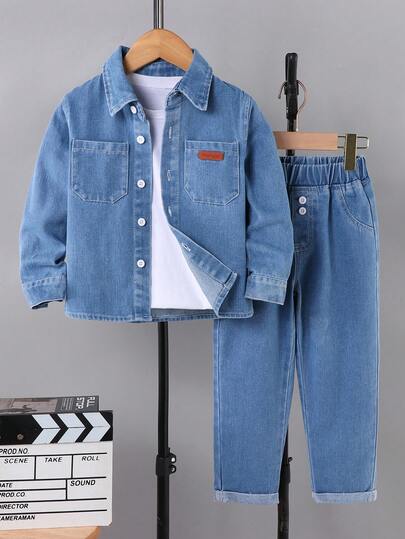 طقم جينز مكون من قطعتين للأولاد، قميص جينز مغسول + بنطال جينز بخصر مطاطي، بدلة جينز كاجوال للأطفال، ناعم ومريح، مناسب للمدرسة والعطلات والأنشطة الخارجية، طقم موضة للربيع والخريف