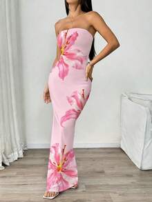 INAWLY Women's Floral Print Strapless Fitted Elegant Dress, Suitable For Vacation - Multicolor - View 4