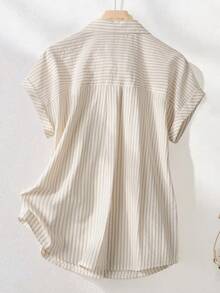 SHEIN Franclia 复古条纹短袖衬衫，夏季通勤时尚之选 - 卡其色 - 查看 2