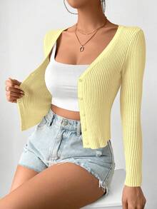 EMERY ROSE Women's Ribbed Fitted Single-Breasted Knit Cardigan,Long Sleeve Button Cover Up,Beach,Vacation,Spring & Summer,Pale Yellow,Casual,Occasion - Yellow - View 4