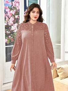 Lacomfia Women's Shirt Dress, Stand Collar Long Sleeve, Embroidery Hollow Lace Patchwork, Loose Comfortable Elegant Daily Versatile Plus Size Arabic Style - Pink - View 6