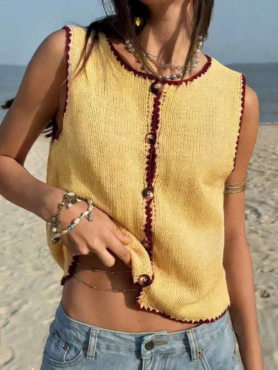 SHEIN Holidaya 女士撞色单排扣休闲日常针织上衣 - 黃色 - 查看 1