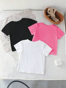 SHEIN 3 Stücke/Set Mädchen Rundhals Kurzarm T-Shirts, Weiß, Schwarz, Rosa, Lässig, Minimalistisch, geeignet für Outdoor Sport, Alltag, passend für Herbst, Sommer, für Mädchen, Zuhause, Alltag, Winter, Frühling, Sommer, Vielseitig einsetzbar - Verschiedenfarbig - Übersicht 5