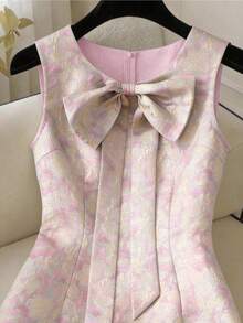 GlowEve Vestido curto azul texturizado sem mangas com laço, moda feminina de verão, adequado para passeios diários, encontros e feriados - Rosa chiclete - Visão 3