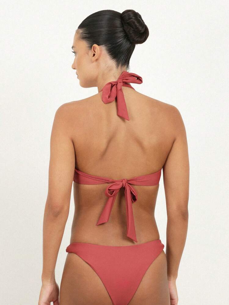 KSTM Conjunto de Maiô Bikini Halter Feminino com Detalhe Torcido na Frente e Fechamento com Amarração nas Costas, Roupa de Banho de Praia de Verão, Duas Peças