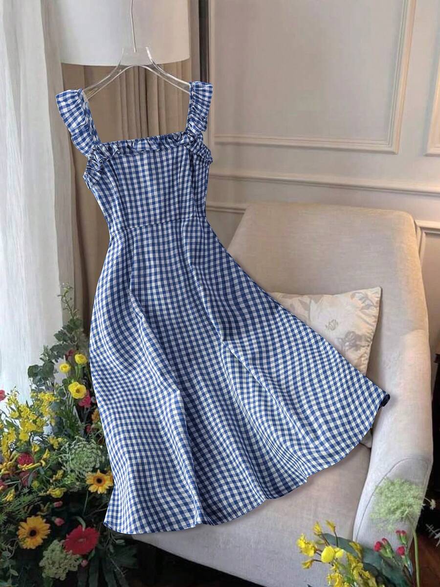 Franclia Women's Casual Vacation Red Plaid Spaghetti Strap Fitted A-Line Midi Dress, Spring/Summer - Royal Blue - View 1