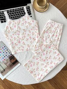 SHEIN 两件套少女简约碎花蕾丝边吊带背心和直筒睡裤套装，柔软舒适的家居服 - 白色 - 查看 3