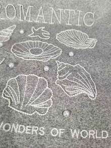 Resyla Women's Summer Pearl & Shell Embroidered Round Neck Short Sleeve T-Shirt - Light Grey - View 4