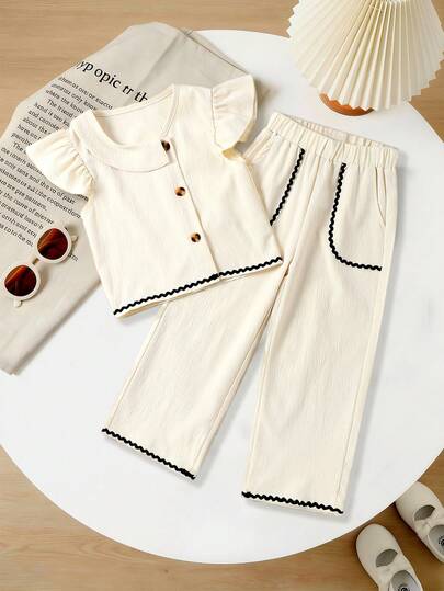2pcs Set Blouse Top & Pants, Collar Ruffle Cap Sleeve Top And Versatile Casual Pants, Spring/Summer Fabric, Multi-Occasion Wear
