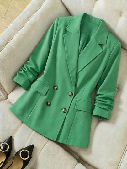 Saco Blazer Mujer Elegante Clásico Doble Botonadura boton estilo carey Solapa Manga Larga Otoño Oficina Casual Saco elegante para mujer, diseño con solapa clásica, botón decorativo, blazer formal casual, eventos, atuendo profesional, para el trabajo o eventos especiales