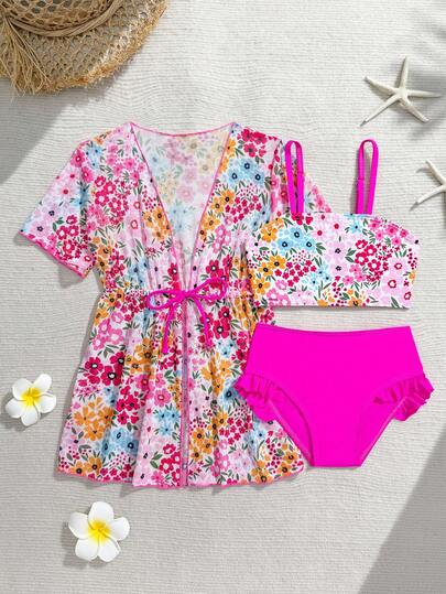 Bộ đồ bơi cho bé gái (size nhỏ), họa tiết hoa nhí dễ thương, 3 món, kiểu dáng thanh lịch, thời trang, thích hợp cho bơi lội, nghỉ mát, mùa hè.