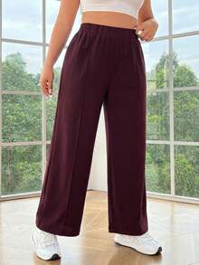 SHEIN EZwear 大码女式金属双扣直筒休闲办公裤，秋冬款 - 酒紅色 - 查看 5