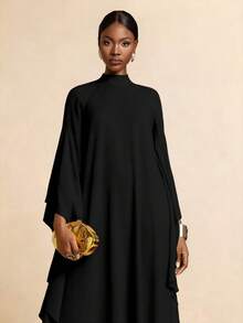 Vesra Burgundy Collared Draped Ruffle Sleeve Loose Robe - Black - View 5
