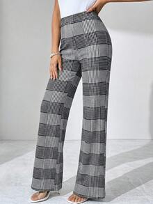 SHEIN Clasi Women's Casual Commuter High Waist Plaid Flare Pants, Autumn  Black, White, And Gray Plaid Stretch Slim-Fit Trousers, Leggings, Yoga Pants, Classic Slim-Fit Trousers For Commuting And Going Out, Made Of High-Elastic Fabric, High-Waisted, Tummy-Control, Basic Slim-Fit - Grey - View 8