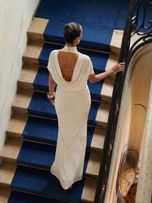 Lumalex 女士纯色露背褶皱修身优雅连衣裙 - 杏色 - 查看 4