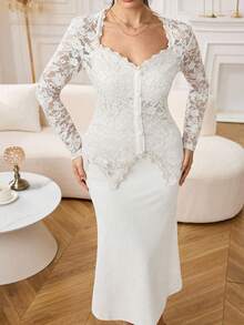 Modelyn Robe moulante à manches longues pour femmes, col en cœur, patchwork en dentelle, taille avec boutons, couleur unie, grande taille - Blanc - Voir 5