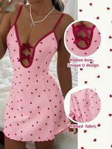 CottageSlumber 红色爱心蝴蝶结罗纹针织性感吊带荷叶边睡裙（女款） - 粉色 - 查看 2