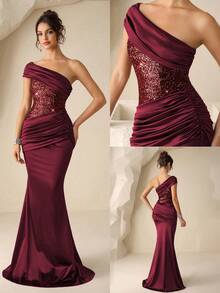 Coutiva 女士褶皱亮面优雅收腰正式晚礼服 - 酒紅色 - 查看 1