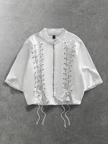 ROMWE MEN Street Life Men's Lace-Up Denim Jacket, Boyband Style - White - View 8
