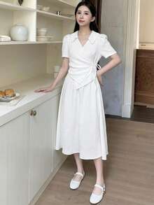 少女款米白色梭织领褶皱蝴蝶结短袖休闲连衣裙 - 白色 - 查看 3