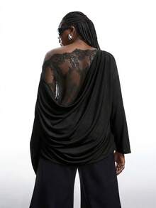 SHEIN EZwear Elegantes Spitzen-Patchwork Sexy T-Shirt in Große Größen, geeignet für Frühling & Herbst - Schwarz - Übersicht 9