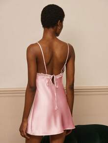 lacRébo Bộ đồ ngủ 2 món phong cách cổ điển gợi cảm gồm áo lót bằng satin và ren cùng áo choàng ren thắt eo. - Hồng - Xem 2