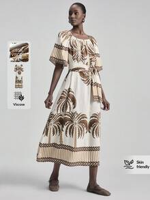 Ontre 女士椰树印花露肩连衣裙，松紧腰，适合度假、优雅、婚礼宾客、简约、浪漫、法式时尚、奢华、都市通勤、高品质、机场、邮轮等场合，四季皆宜，百搭 - 彩色 - 查看 3