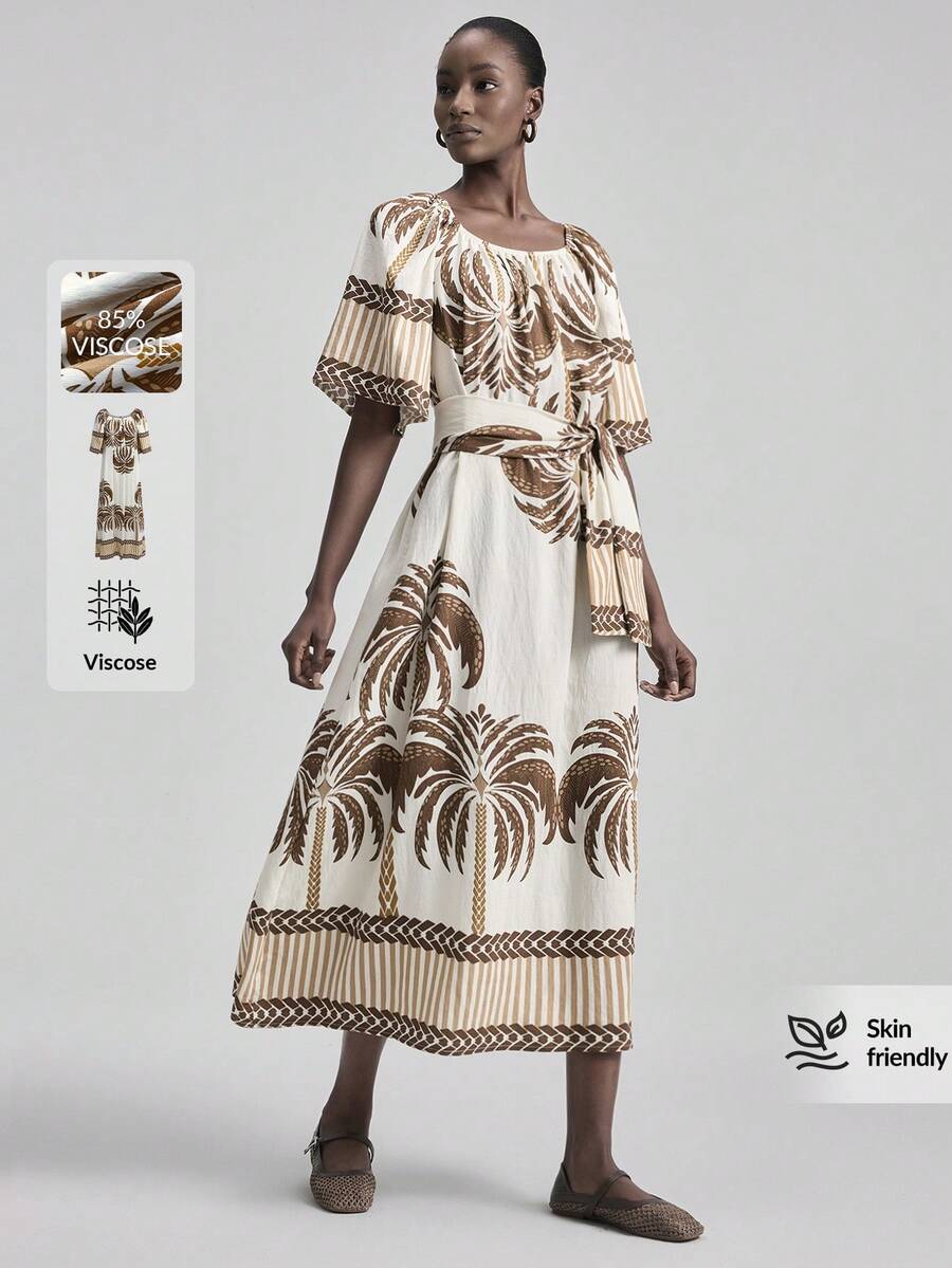 Ontre Đầm trễ vai in hình cây dừa dành cho nữ, eo chun, thích hợp đi nghỉ mát, thanh lịch, dự tiệc cưới, tối giản, lãng mạn, phong cách Pháp sang trọng, cao cấp, đi làm thành phố, chất lượng cao, sân bay, du thuyền, đa năng cho mọi mùa. - Nhiều màu - Xem 1