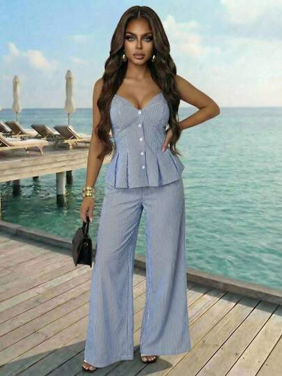 Slaydiva Blue Striped Two-Piece Set Strap Bra-Style Top + Wide-Leg Pants Vacation Outfits Women Elegant Women's Set  New Early Spring, Spring And Summer Music Festival, Valentine's Day, Easter, Bohemian Style, Nomadic Style, Casual, Simple And Basic, Cruise Party, Birthday Party, Daily Date, Casual Vacation, Elegant Commuting, Halter, Heart Collar, Open Lapel, Button Decoration, A Swing Top, Vest + Wide-Leg Pants, Super Long Pants, Blue And White Striped Set, Women's Two Pieces Set -A Blue Two Piece Set Women Summer 2 Piece Sets Woman Pant Suit Summer Sets Baby Blue Two Piece Women Vacation Outfit Sets