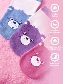 SHEIN X Care Bears 3双装女童纯棉柔软透气吸湿短袜，白色可爱卡通熊图案，踝袜，加固趾跟，经久耐穿，四季皆宜，适合学校及户外活动，夏季冬季皆可穿着。 - 彩色 - 查看 3