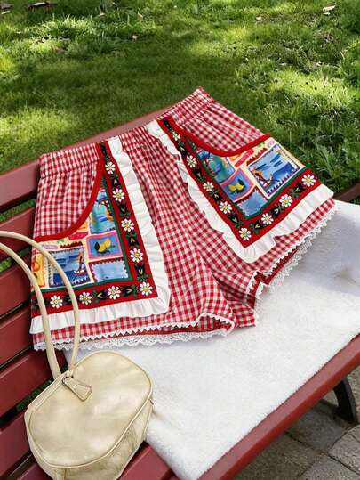 Sweetra กางเกงขาสั้นผู้หญิงลายสก๊อตสีแดงลายผลไม้หวานปะติด