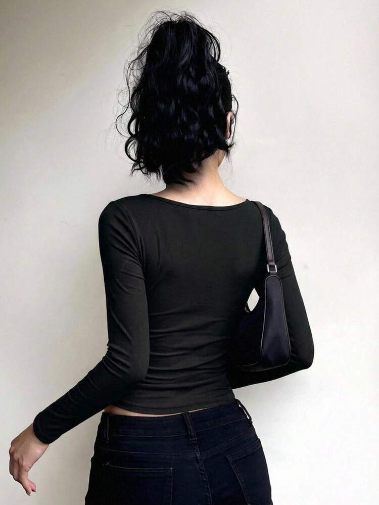Women's Square Neck Twist Front Short Sleeve Fitted T-Shirt