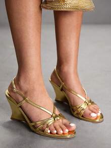 CUCCOO SZL Women's Gold Strap Buckle Design Comfortable Round Toe Wedge Sandals - Gold - View 10