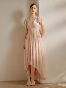 Anewsta Women's Short Dress With Deep V-Neck, Ruffle Shoulder Sleeves, Gathered Waist, Asymmetric Fishtail Hem, Elegant For Party And Vacation - Pink - View 2
