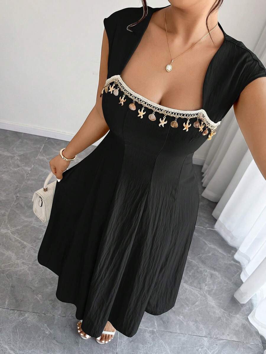 Elenzga Vestido casual de playa/verano de talla grande para mujer, de 1 pieza, con textura de lino sintético, con decoración de borlas y corte evasé - Negro - Ver 1