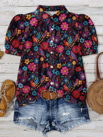 EMERY ROSE Vintage Floral Print Casual Loose Fit Plus Size Shirt