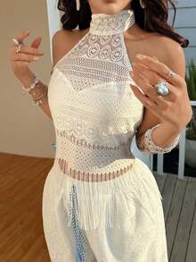 INAWLY Women's Elegant Backless Tassel Hem Halter Top, Summer - White - View 5