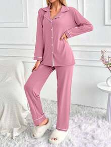 EURMUSE Classic Button Front Pajama Set – Soft Long Sleeve Top & Comfy Straight Leg Pants Loungewear - Pink - View 2