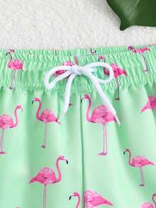 婴幼儿男童泳装，火烈鸟印花，梭织面料，沙滩短裤，适合度假、海滩、夏季穿着 - 綠色 - 查看 4