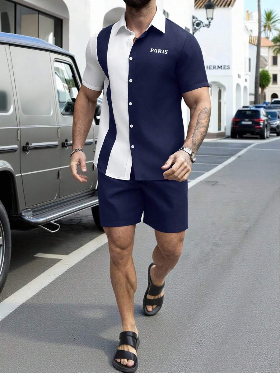 Manfinity Homme Men's Summer Casual Colorblock Shirt And Shorts Set - Multicolor - View 1