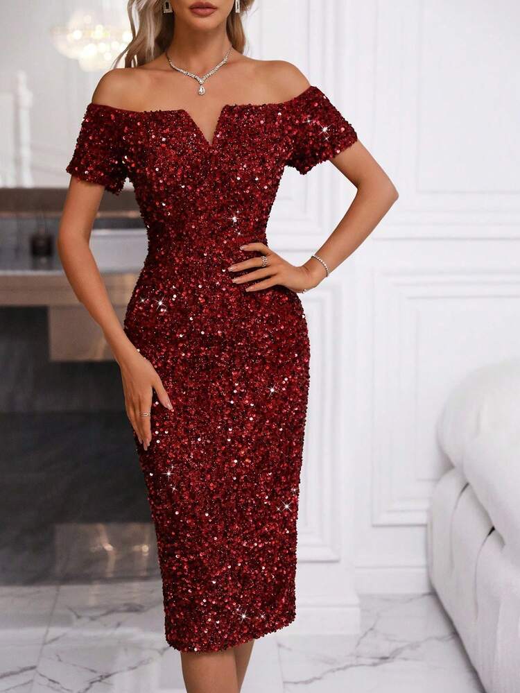 holiday sparkly dresses SHEIN Unity Women's Open Shoulder Bodycon Dress For Party Sequin Women Outfit emerald green sequin dress