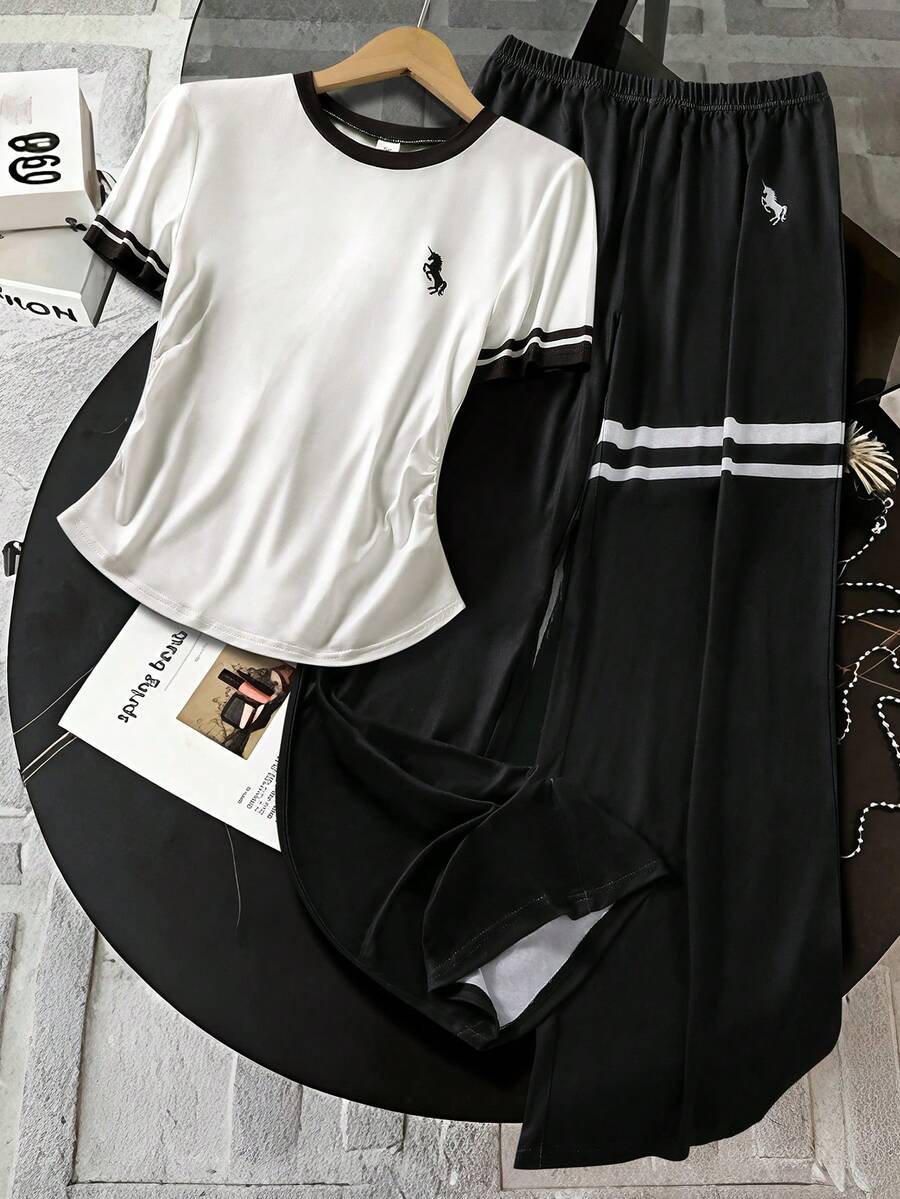 一件式短袖休闲印花春夏少女夏季通勤套装，运动休闲直筒裤，短袖轻便舒适两件套。 - 黑與白 - 查看 1