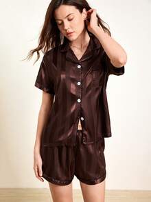 Hourtrue 2 件缎纹条纹睡衣套装，长袖领扣衬衫和蝴蝶结长裤，睡衣家居服套装，适合家居使用，秋冬 - 巧克力棕 - 查看 5