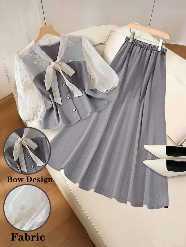 GlowEve CURVE プラスサイズ 無地 刺繍リボンアクセント 長袖 ビジネスカジュアル エレガント レギュラーブラウス、無地 ウエストシェイプ ビジネスカジュアル エレガント レギュラースカート、2点セット、春秋